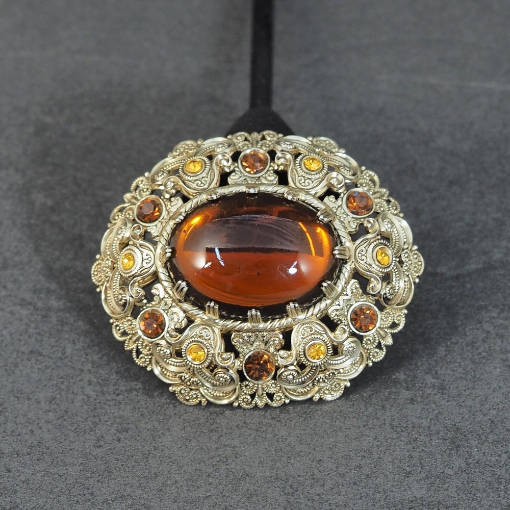 Vintage Brooch Pin West Germany Gold Tone Dome Cabochon Rhinestone Filigree MCM